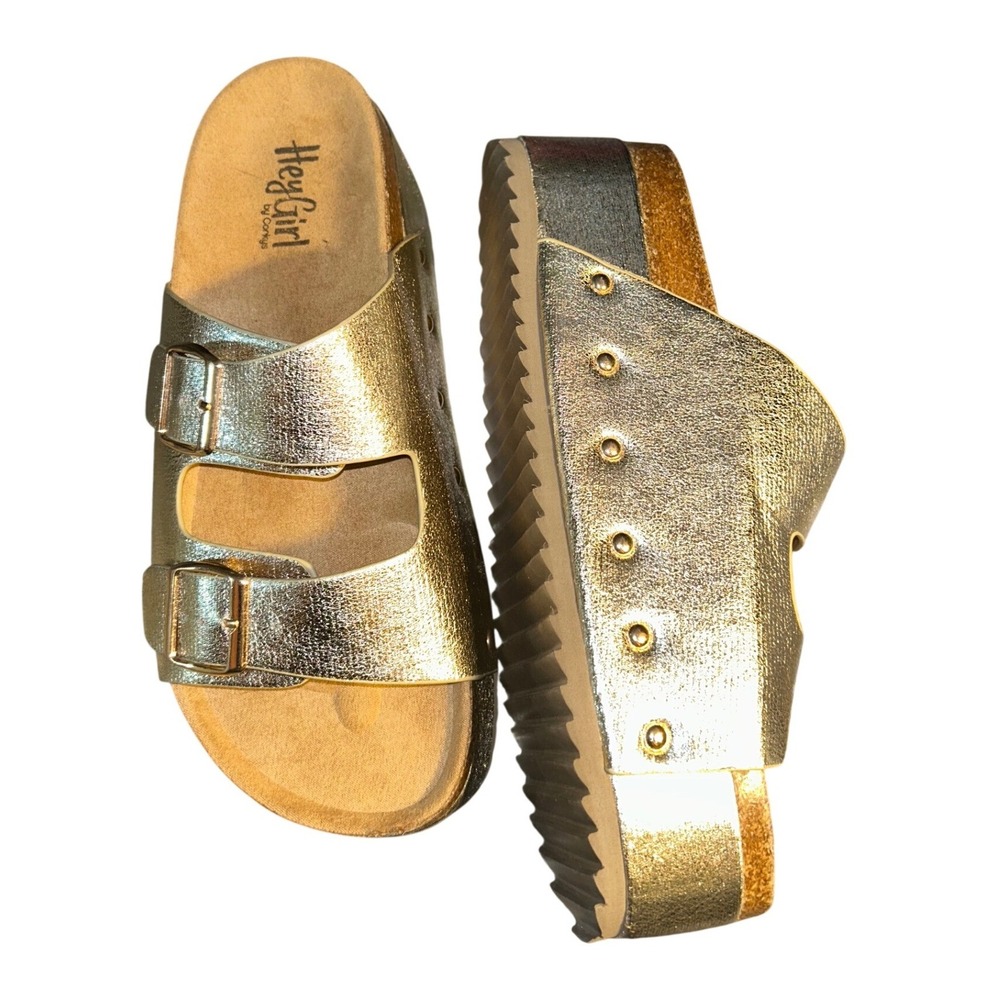 Hey Girl by Corkys Wannabe Gold Metallic Platform Studded Sandals Womens 10 - Picture 7 of 9